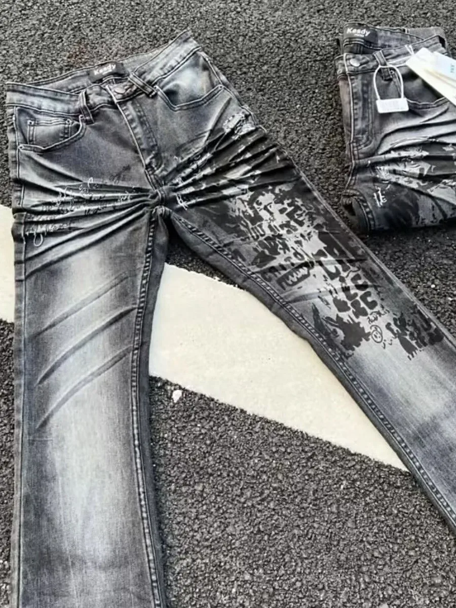 Limited Edition Graffiti Print Slim Fit Men's Jeans Black Cow High Street Style Loose Flared Long Trousers Trendy Casual Jeans