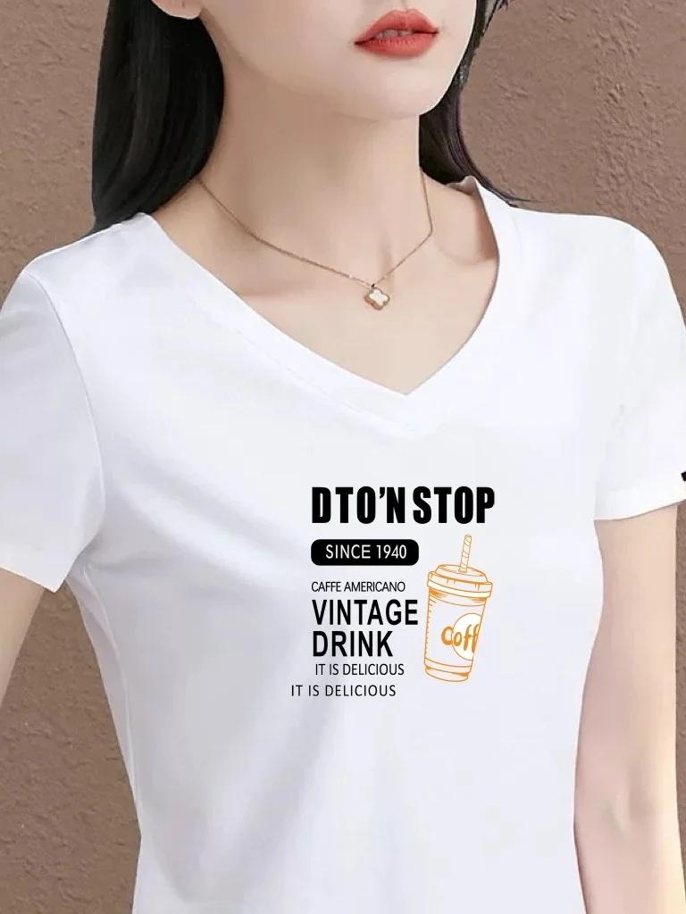 

Elegant White V-Neck Short Sleeve T-Shirt Women's Letter Print Fashion Casual Top Mom's Style Polyester Fiber Summer Wear