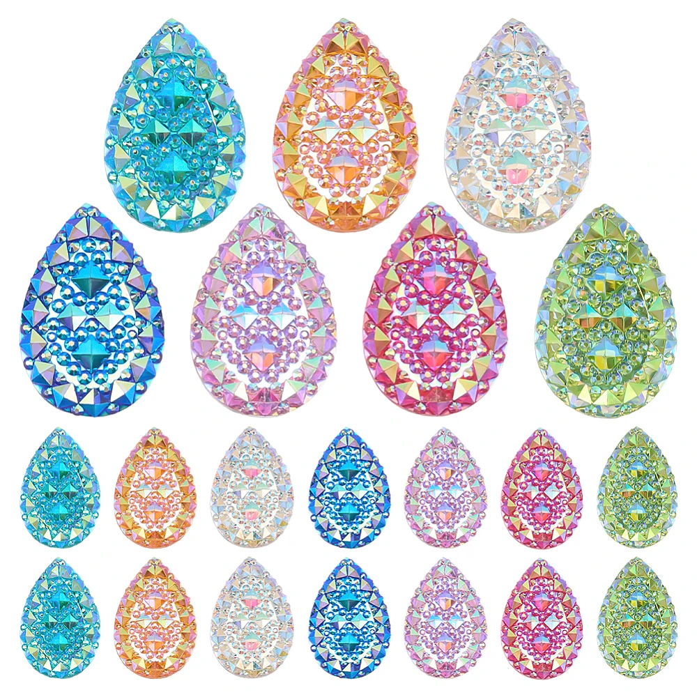 21PCS Teardrop Resin Flatback Cabochons 7 Colors 1.1x0.7inch Iridescent Teardrop Rhinestones Sew on Resin Crystals for Dance