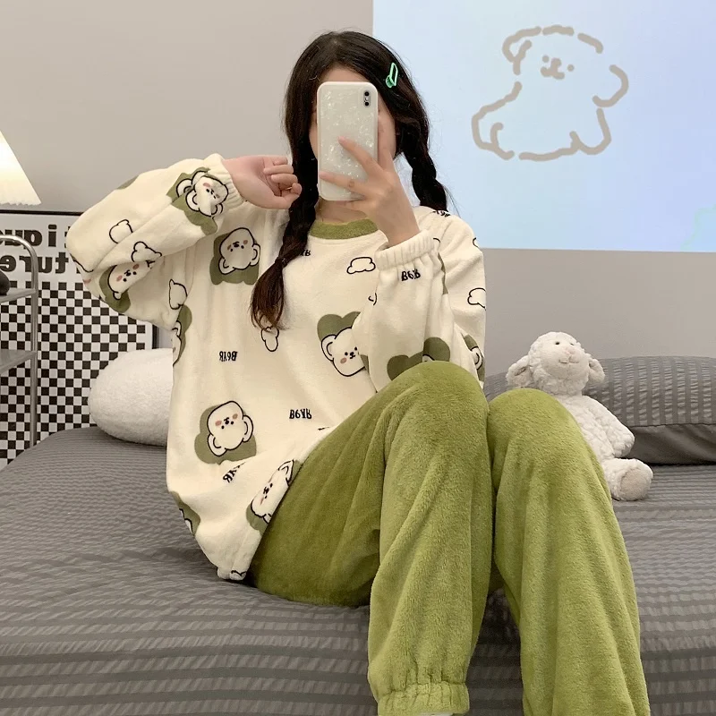

Autumn Winter Plush Sleepwear Women's Cartoon Flannel Home Clothes Set Long Sleeve round Neck Home Comfortable Pajamas