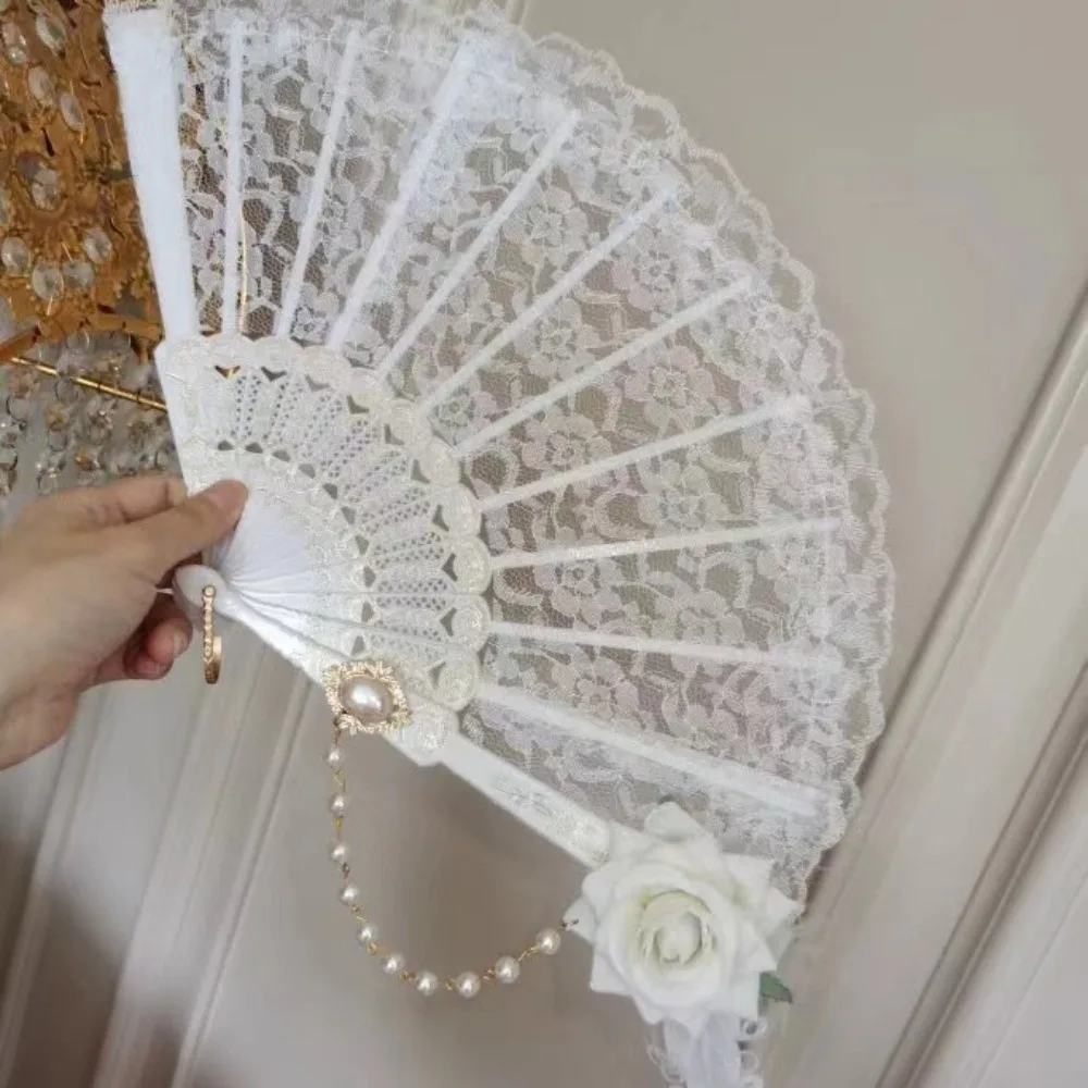 

Elegant Retro Feather Rose Folding Fan Classical with Pendant Hand Fan Portable Handmade Decorative Craft Fan Party