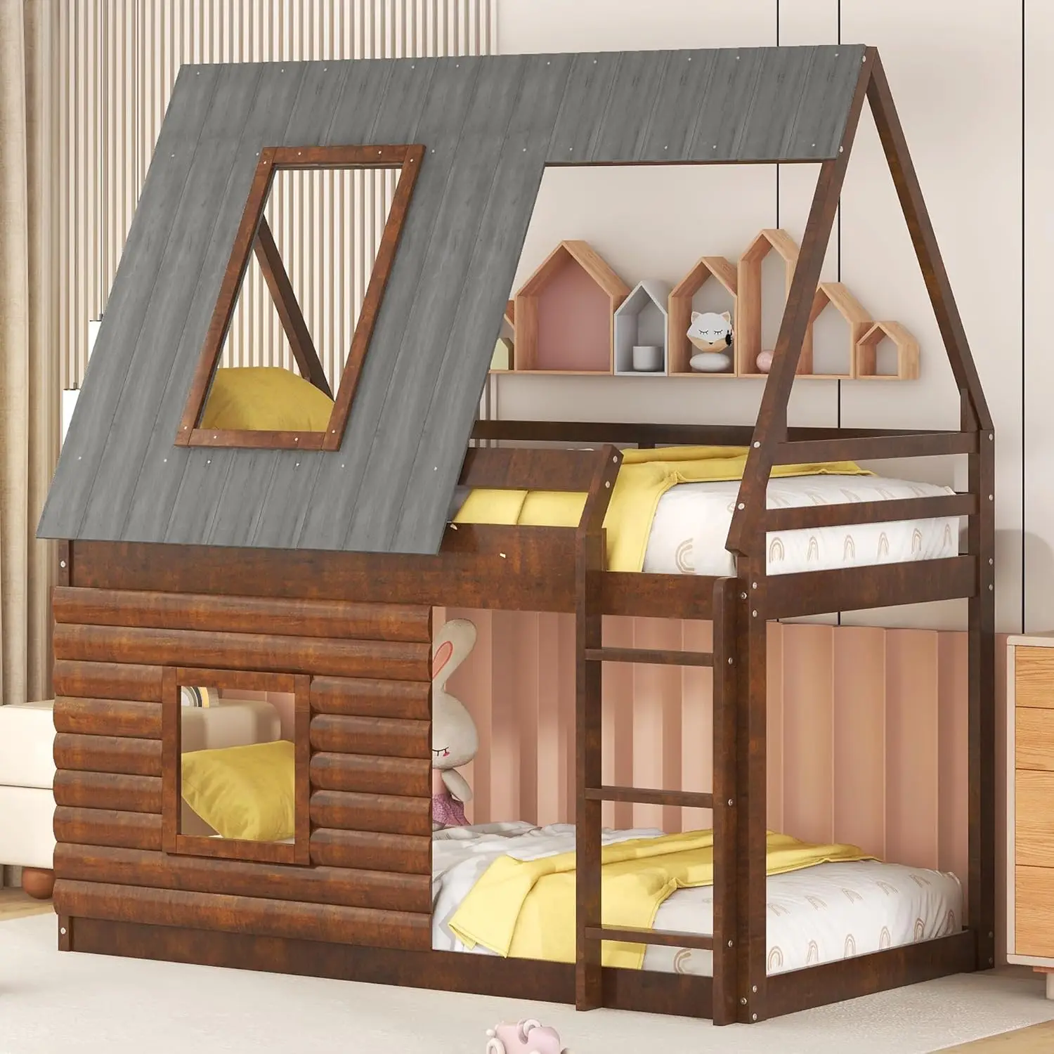 Twin Over Twin Bunk Bed Wood Frame House Shaped With Roof,Ladder And 2 Windows For Kids Teens Girls Boys,Oak & Smoky Grey