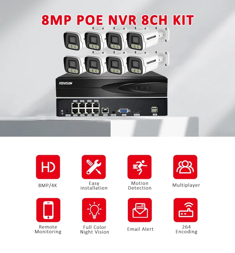 Fosvision Hd Video Surveillance 8mp Ip Poe Camera System 8ch Poe Nvr Camera Kit 8-channel Nvr Home Security Cctv System