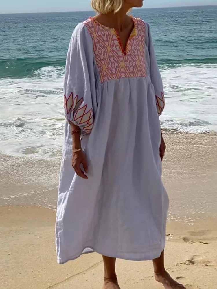 O Neck Beach Style Fashion Maxi Dress, Women Spring Summer Three Quarter Sleeve Party Dress, 2025 New Loose Printed Ladies Dress