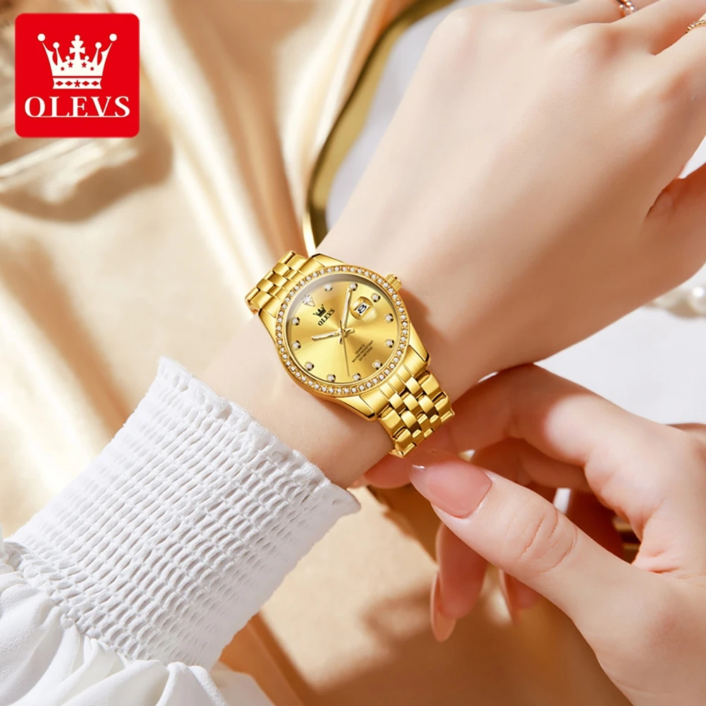 OLEVS Luxury Golden Stainless Steel Quartz Watches for Women Auto Date Rhinestone Waterproof Ladies Wristwatch Clock Woman Watch