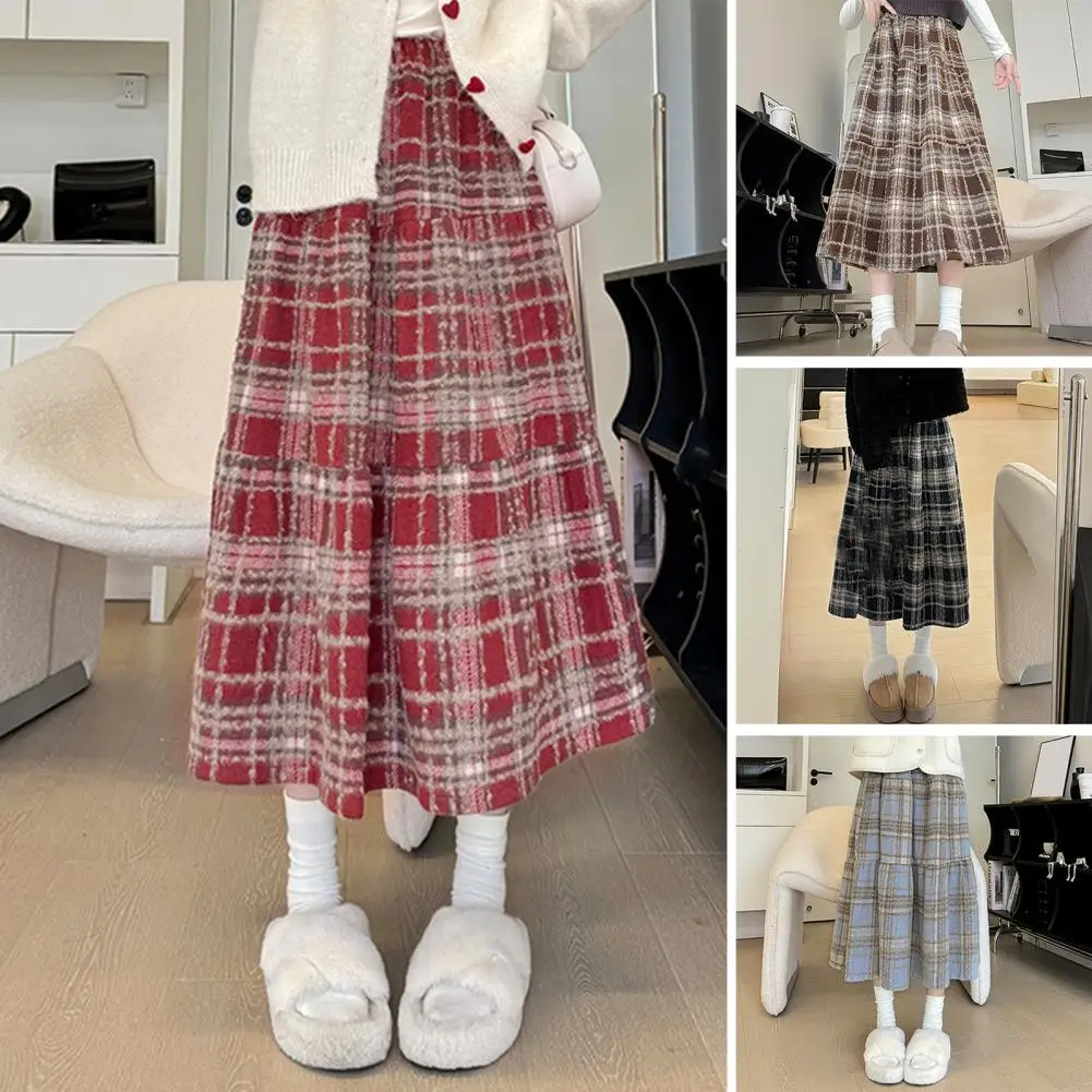 High-waisted Skirt Stylish High-waisted Plaid Woolen Skirt with Ruffle Detailing Women's A-line Skirt for Autumn Winter Chic