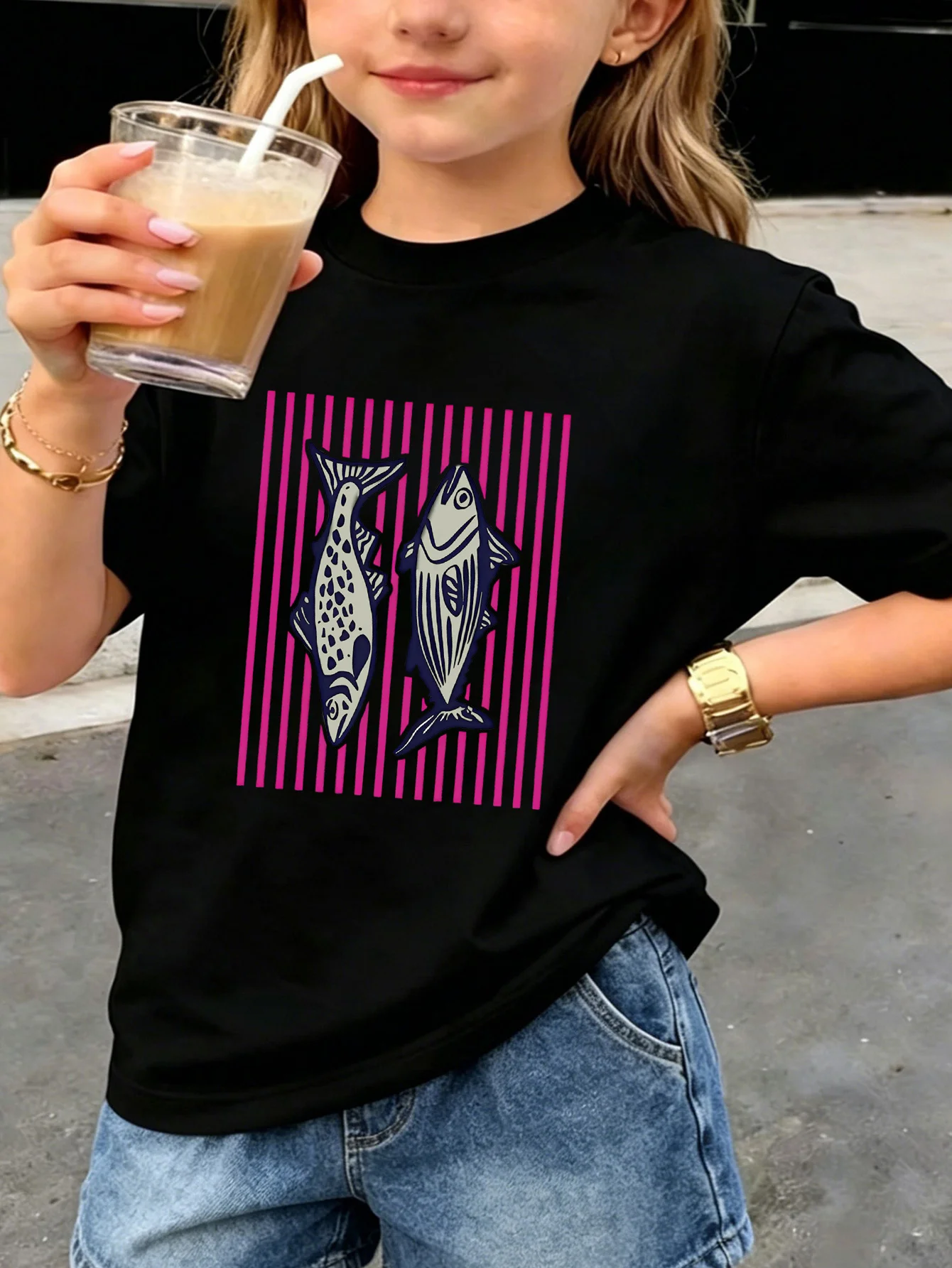 Kids T Shirt Retro Two Fish On Pink Vertical Stripes Graphic Short Sleeve Cotton Tops For Boys Girls Daily Casual Outfit