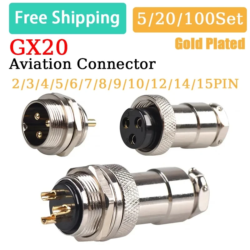 

5/20/100Set GX20 Gold Plated Aviation Plug Socket 2 3 4 5 6 7 8 9 10 12 15 PIN Male Female 20mm Wire Panel Nut Type Connector
