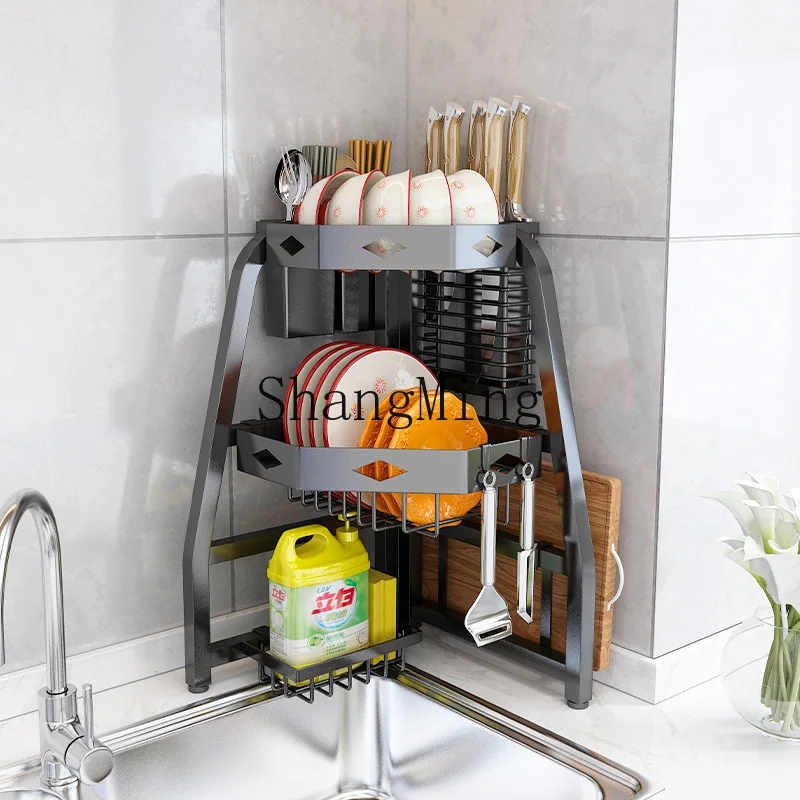 

FG Installation Free Kitchen Corner Sink Shelf Multifunctional Drain Rack Bowl Storage Rack