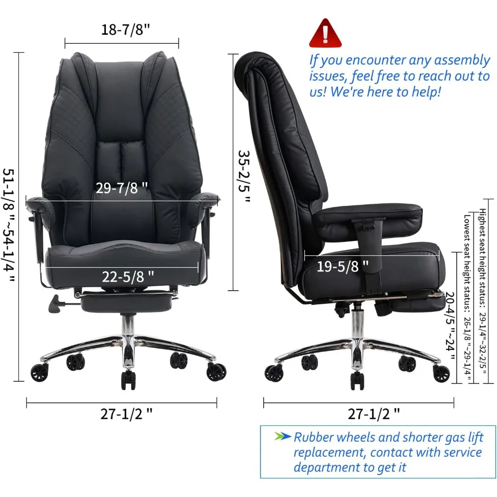 Big and Tall Office Chair 400lbs Wide Seat,Leather High Back Office Chair with Foot Rest,for Lower Back Pain Relief (Black)