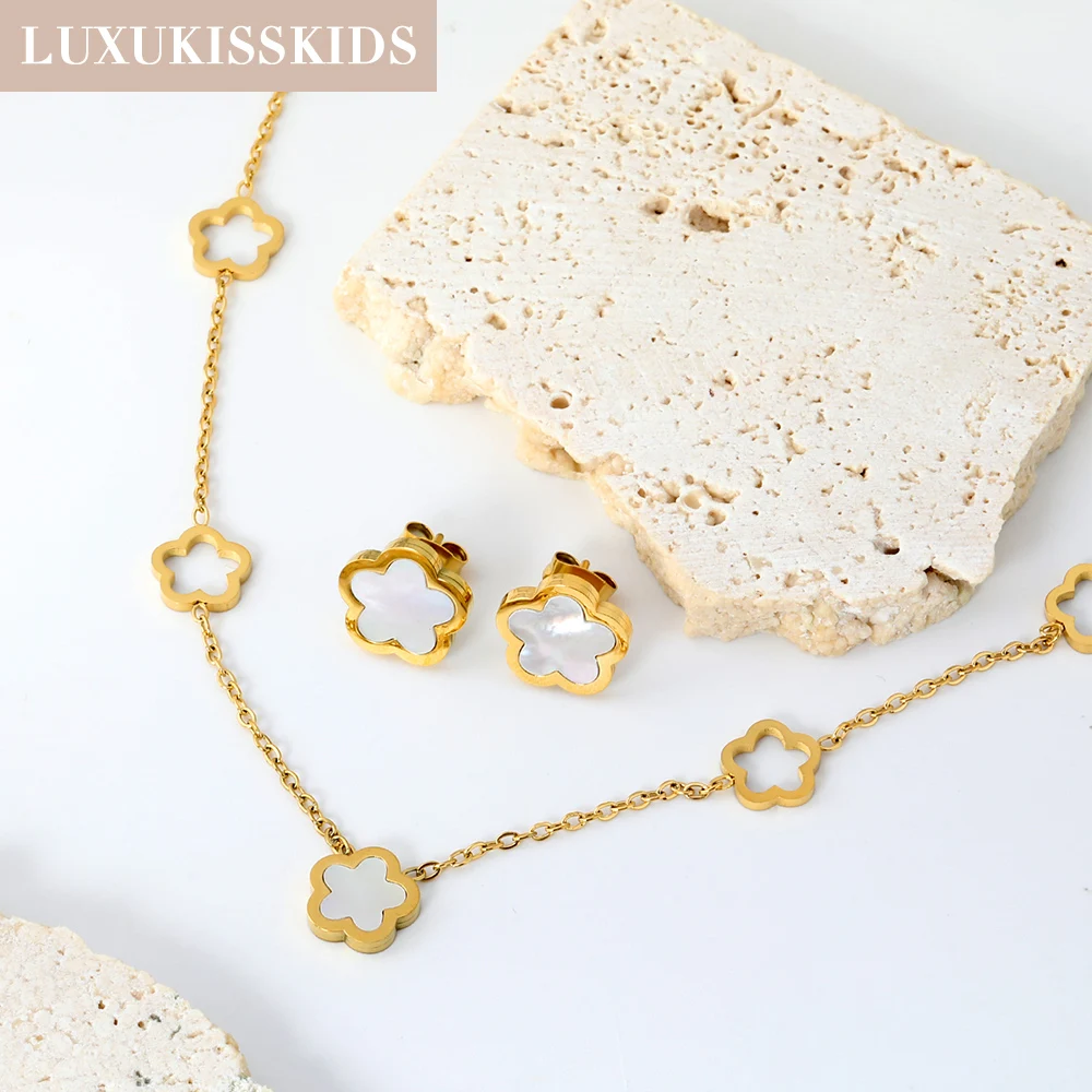 LUXUKISSKIDS Golden Clover Shell Jewelry Set for Women/Girls Stainless Steel Flower Necklace Earrings Sets Elegant Accessories