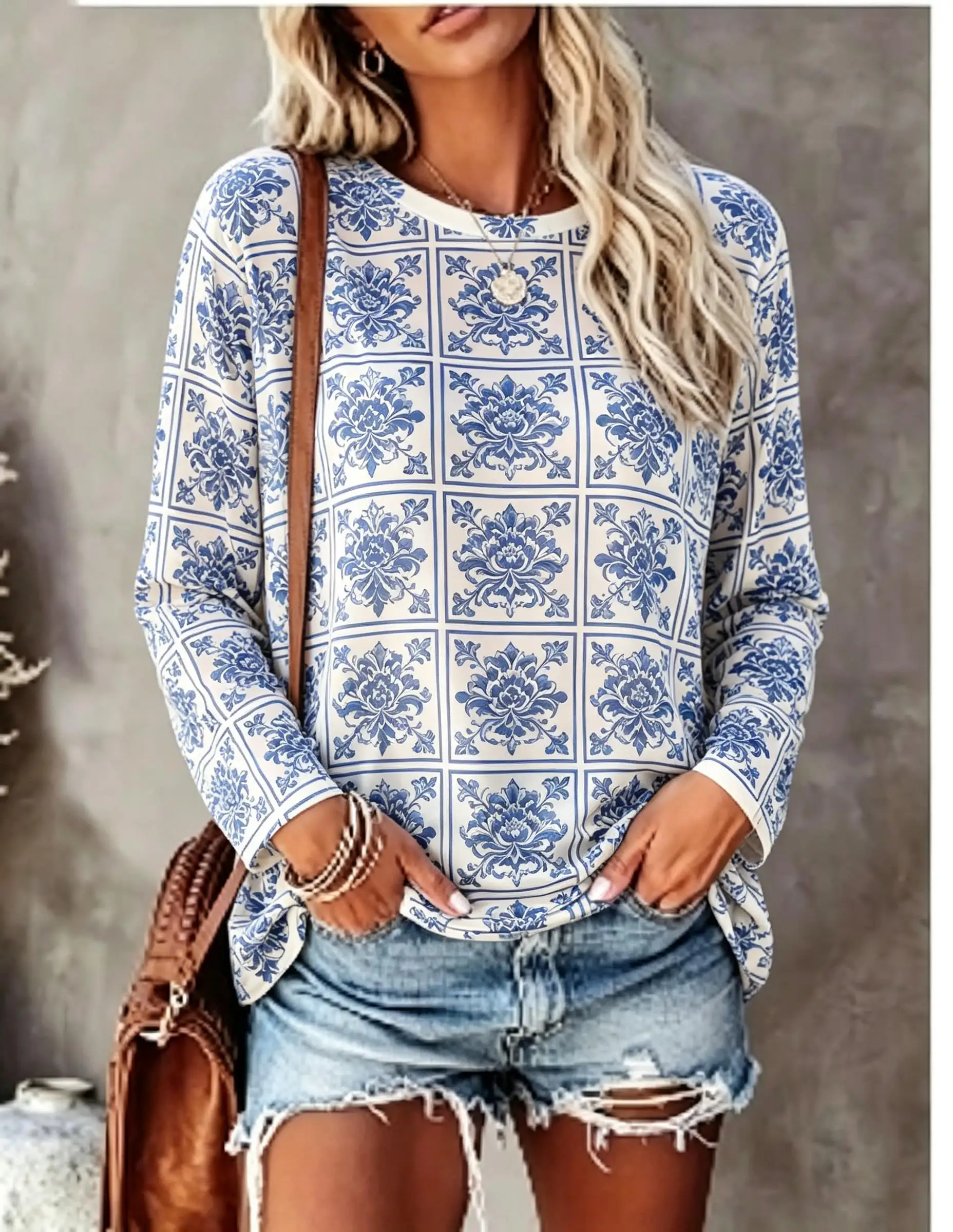 Women Long Sleeve T Shirt Blue White Portuguese Azulejo Tile Floral Print Crew Neck Casual Tops