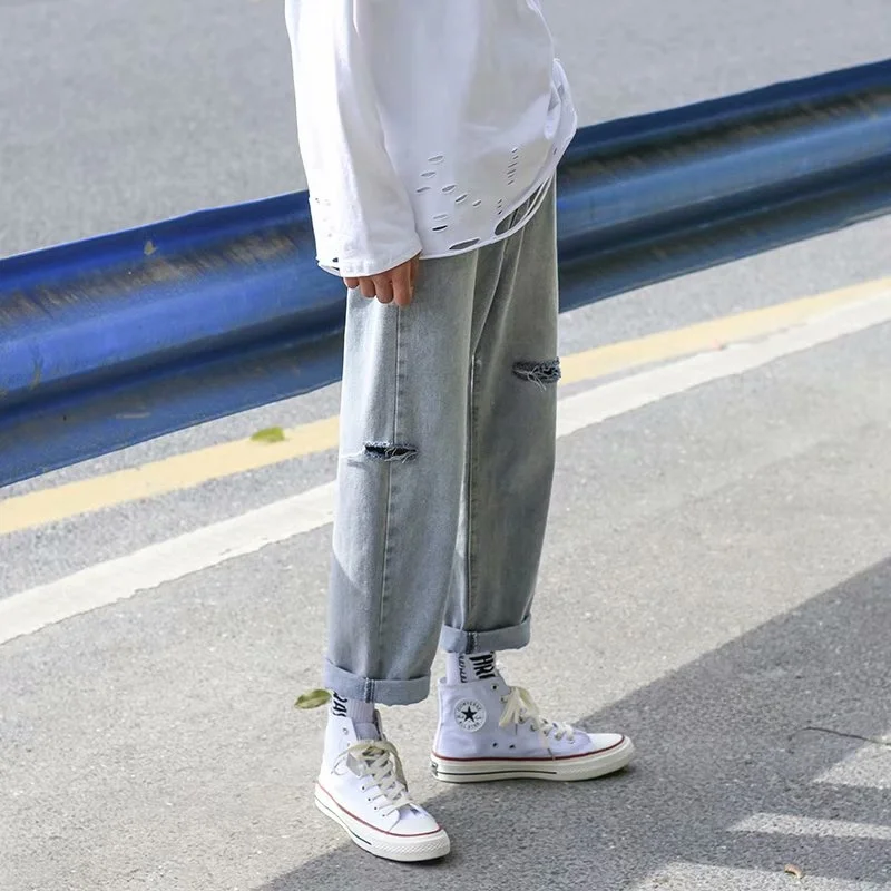 

High Waist Thin Summer Men's Jeans Straight Leg Loose Fit Slimming Wide Leg Hole Punching Light Color Casual Straight Jeans