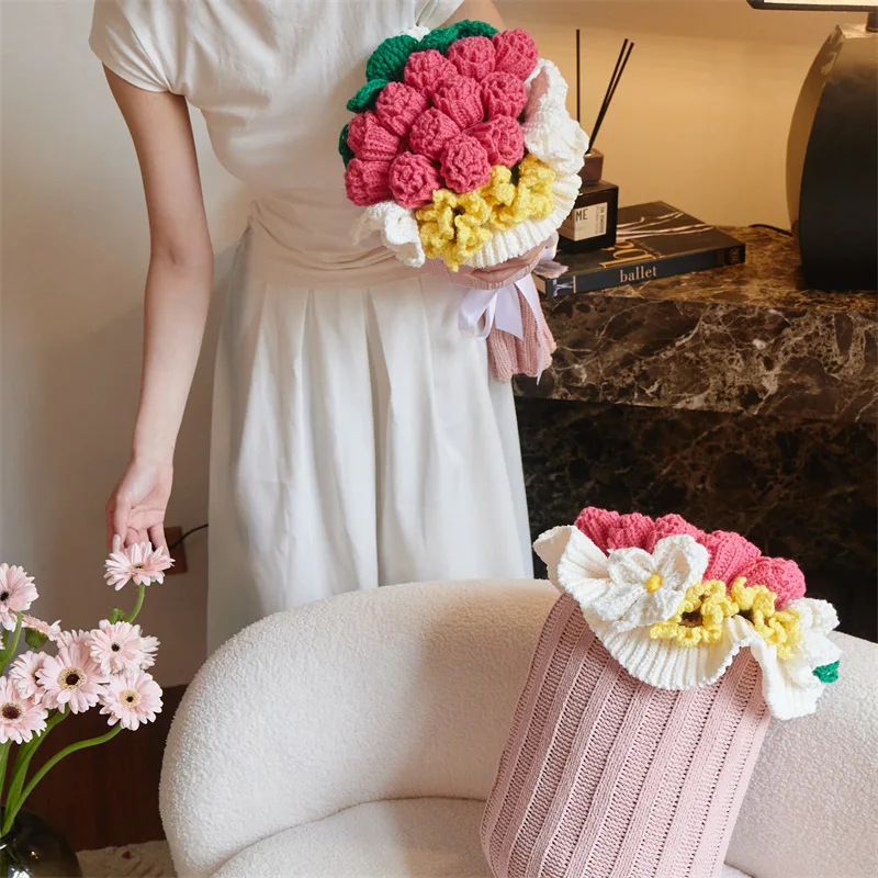 Rose Flower Bouquet Cushion,Handmade Knitted Throw Pillow ,Romantic Gift for Her Girlfriend Mom Wedding Anniversary Birthday