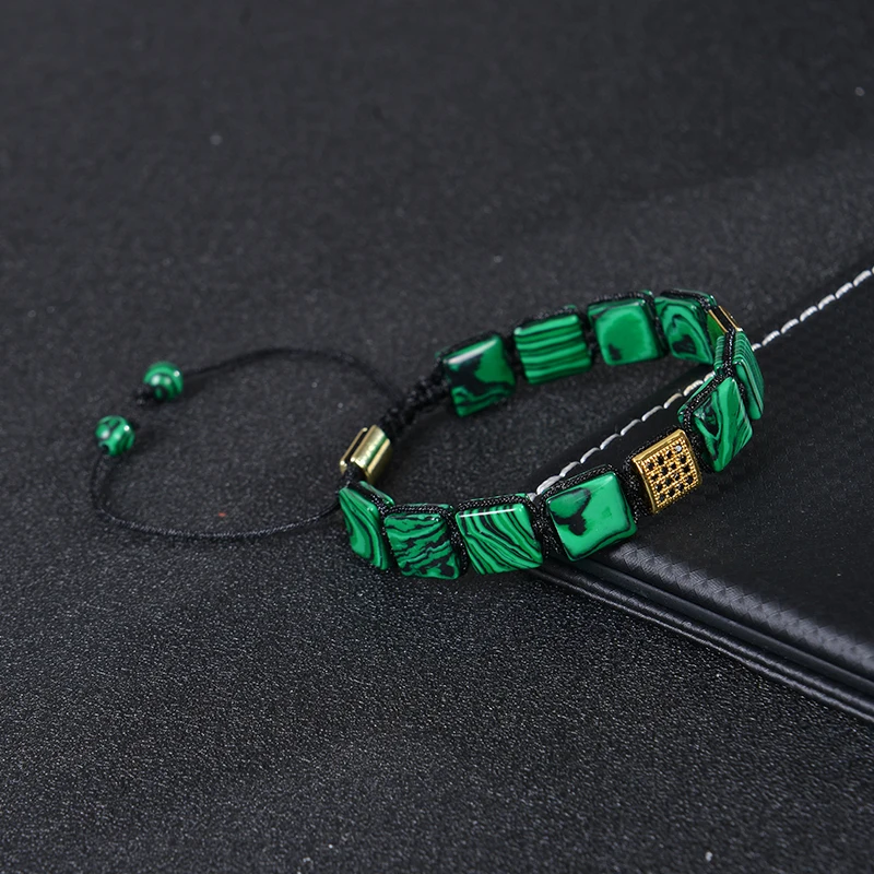 10MM Square Beads Malachite Braided Bracelet Bohemia Punk Square Zircon Inlay Amazonite Stone Bracelet Flat Beads Jewelry Gifts