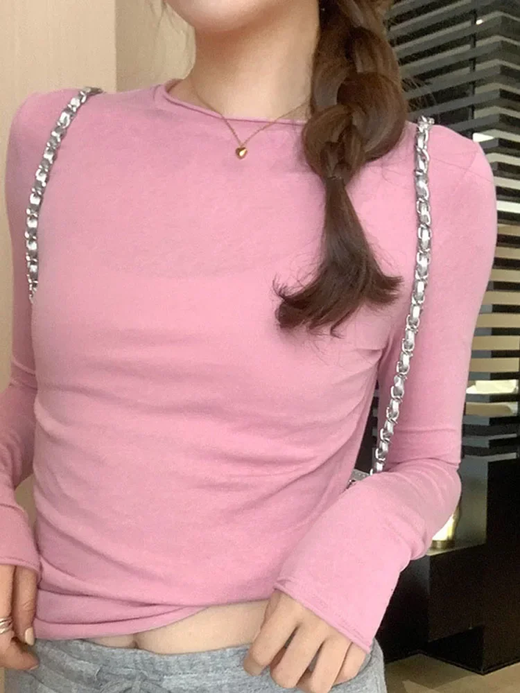 

2025 Spring T Shirt Female Casual Streetwear High Quality Base Tees Women Tops Solid Slim Fit Long Sleeve O Neck Tshirts