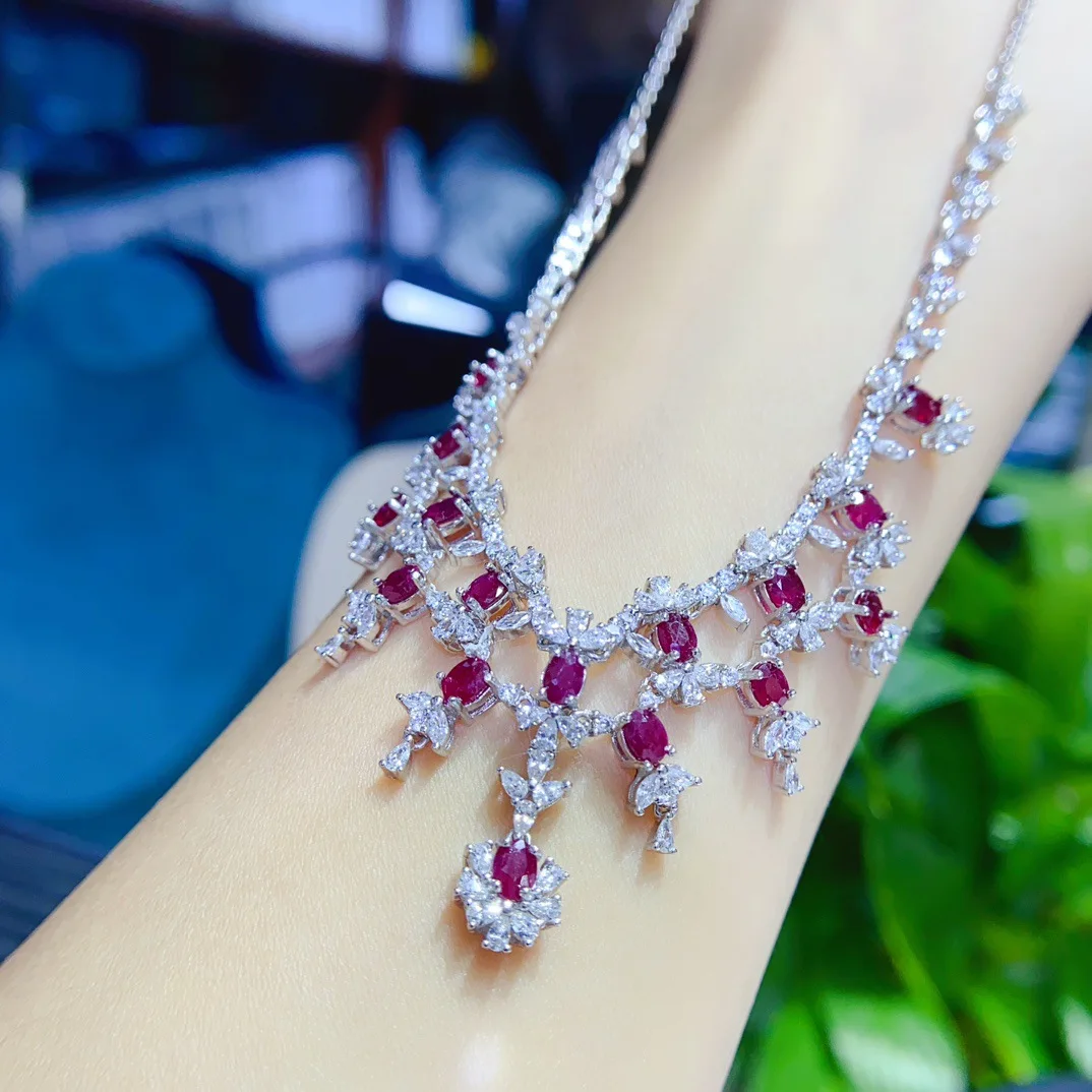 S925 Sterling Silver Natural Heated Ruby Necklace,3*4mm Red Gemstone Fine Jewelry Gift for Women