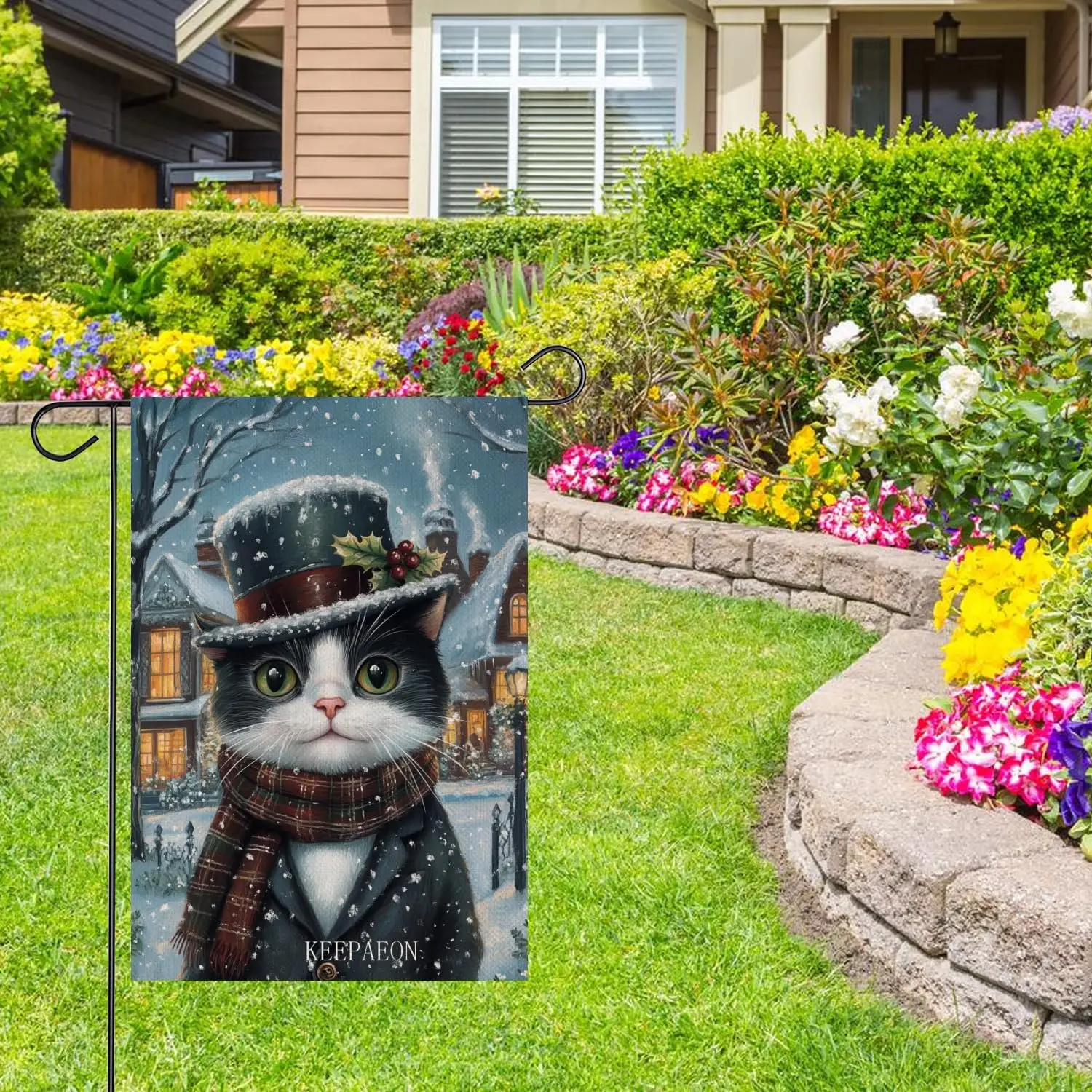 Winter Tuxedo Cat Garden Flag, Double Sided Christmas Garden Flag 12x18, Tuxedo Cat Holiday Winter Flags for Outside, Funny  zzo