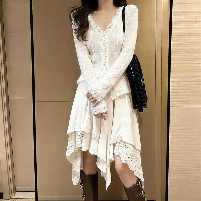 French Elegant V-neck Lace-trim Knitted Frill Cardigan & Asymmetric Midi Skirt 2-Piece Set for Women Chic Spring Slimming Outfit