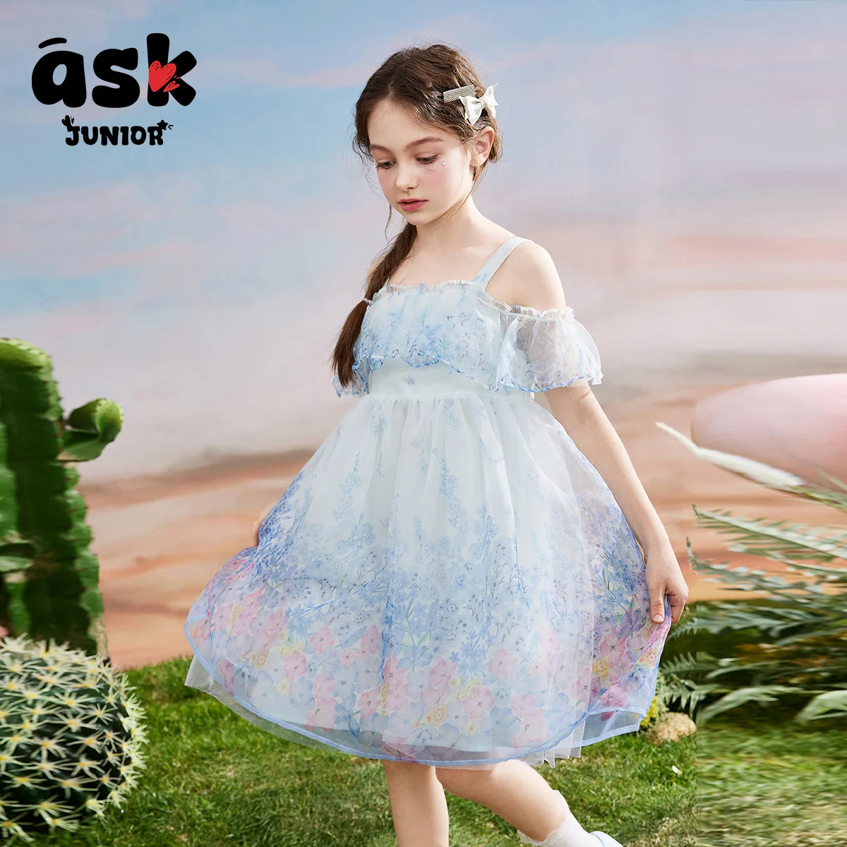 

Ask Junior Girls Summer Children Flower Print Suspender Performance Veil Dress Summer Seaside Princess Dress