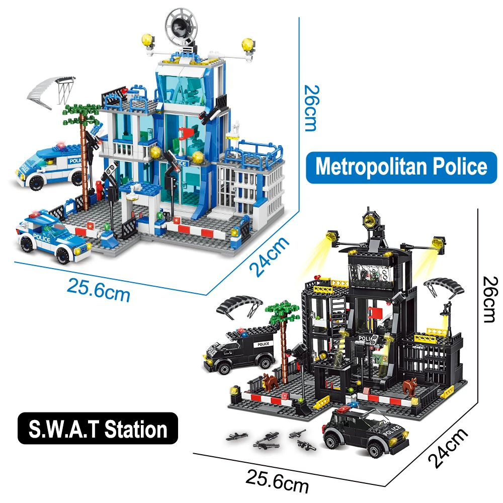 SWAT Police Station Military City Model Set Prison Car Policeman Boat Figures Model Building Blocks DIY Toy for Kids Boys Gift