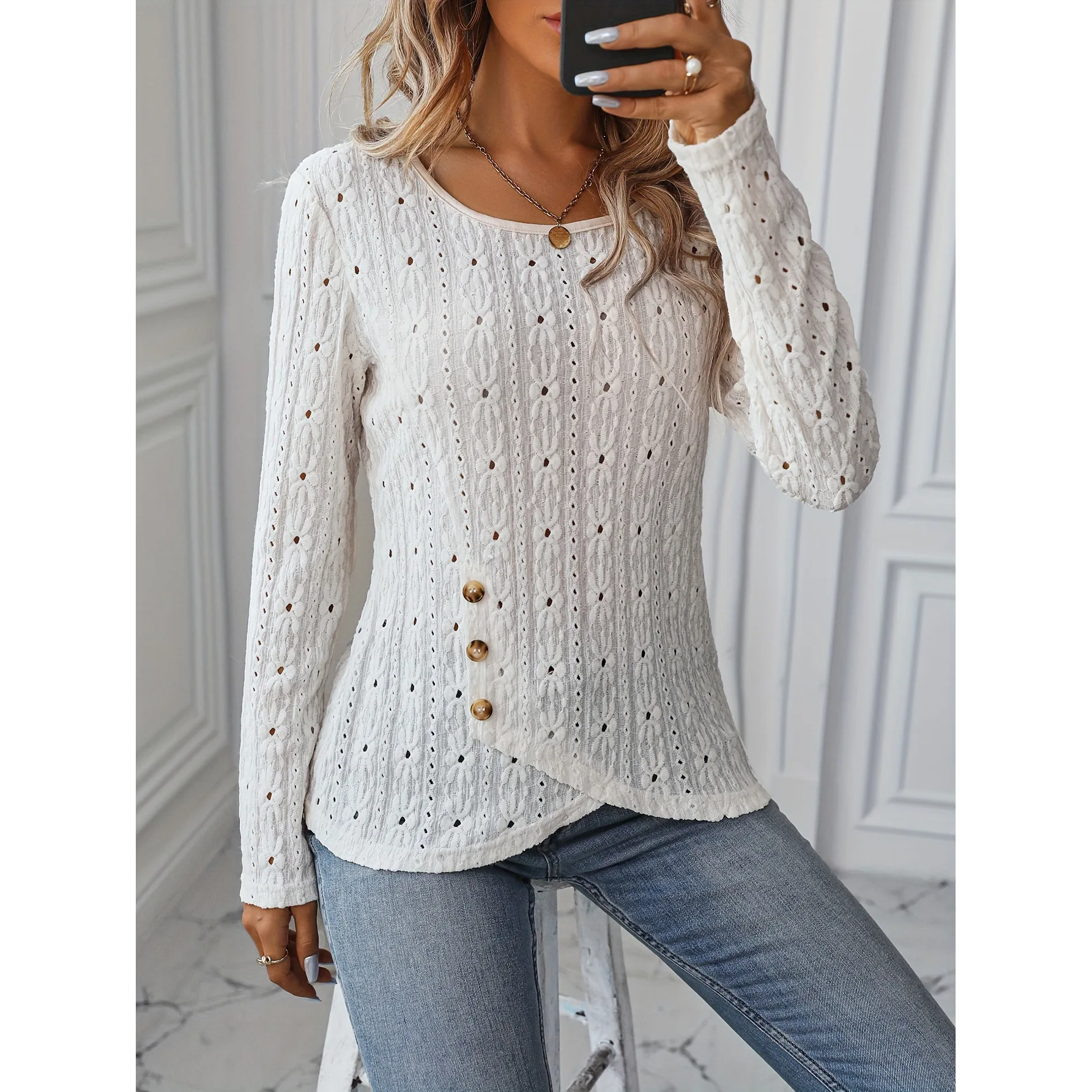 Fashion O-neck Long Sleeve White Lace Tops And Blouse Women 2024 Spring Hollow Out Knitted Blouse Top Femme Shirt For Women