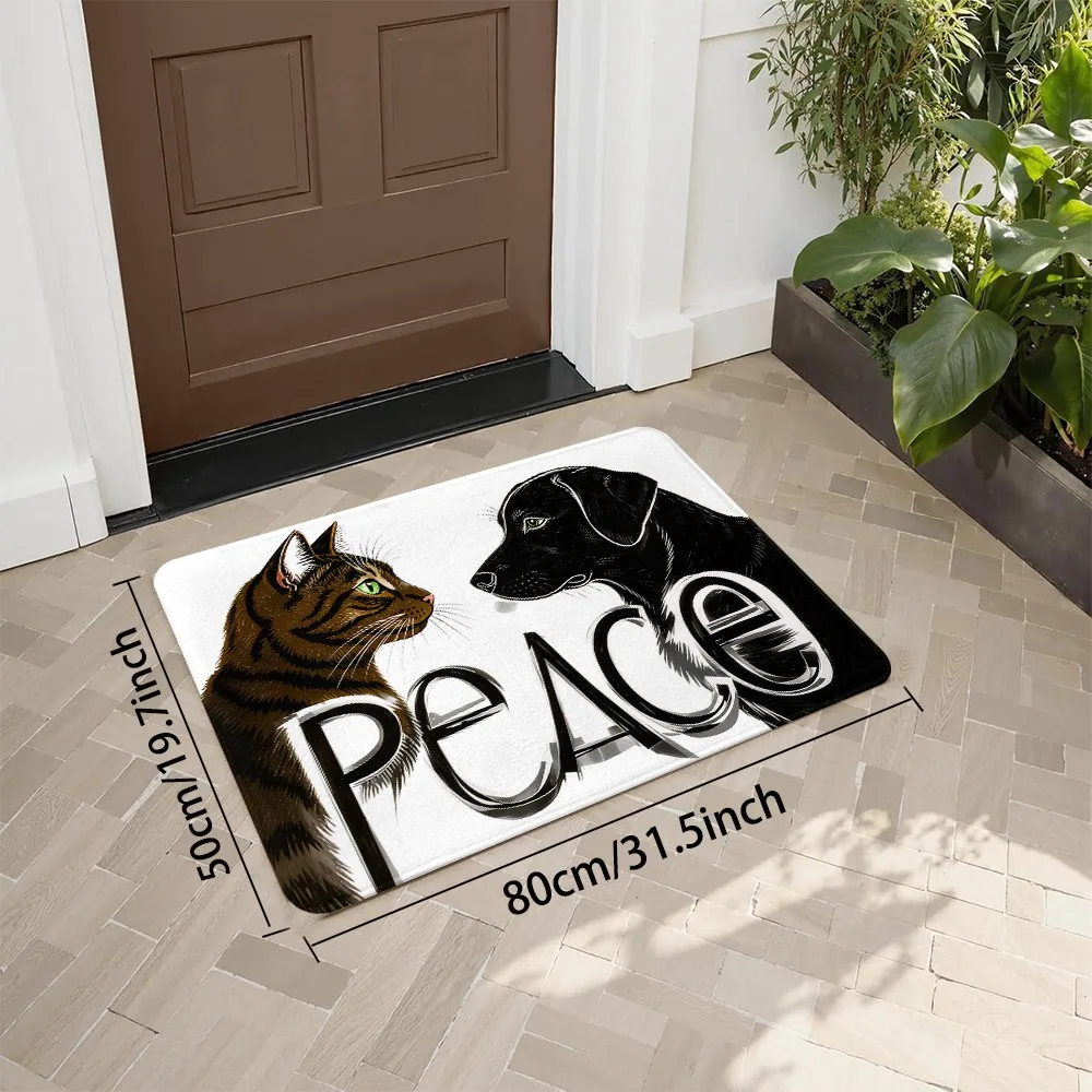 cat and dog peace design doormat white background polyester non slip for entryway living room machine washable home decor