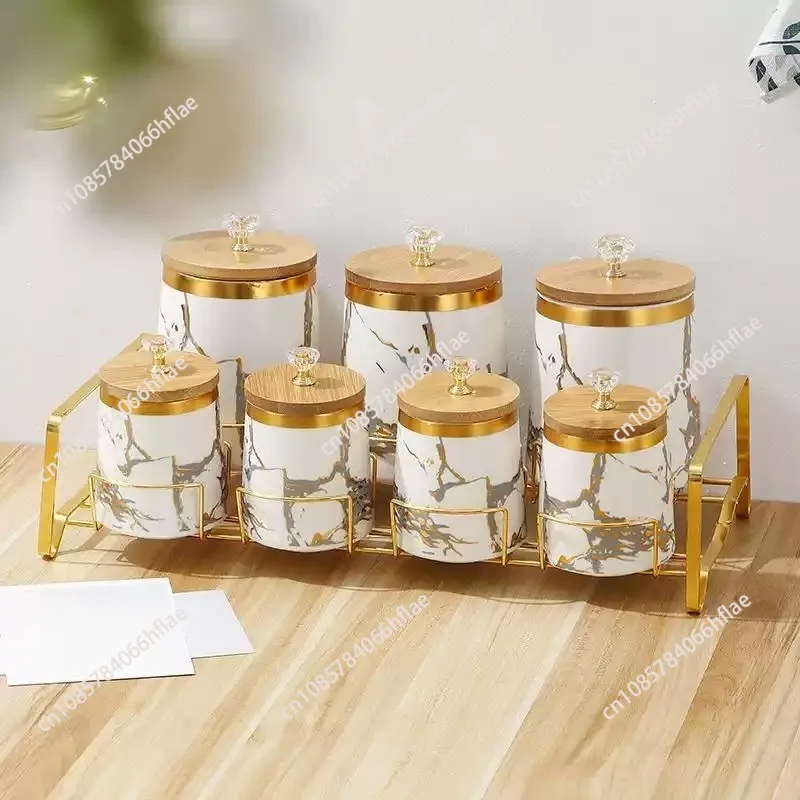 Light Luxury Seasoning Box Set Household Seasoning Can Rack Kitchen Supplies Rack Bamboo Cover Ceramic Seal