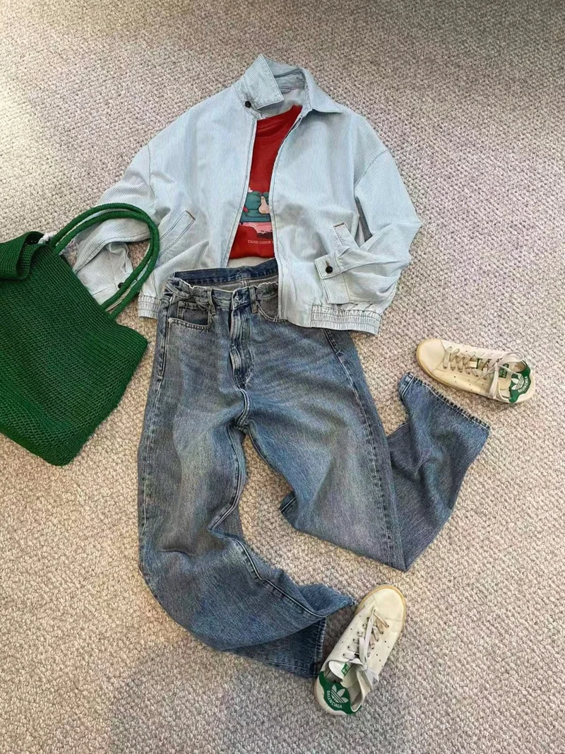 

Джинсы Cuijia прямого кроя из текстурированного хлопка с эластичным поясом, потертые, из денима, женские, весенний сезон, однотонные D026MR20A