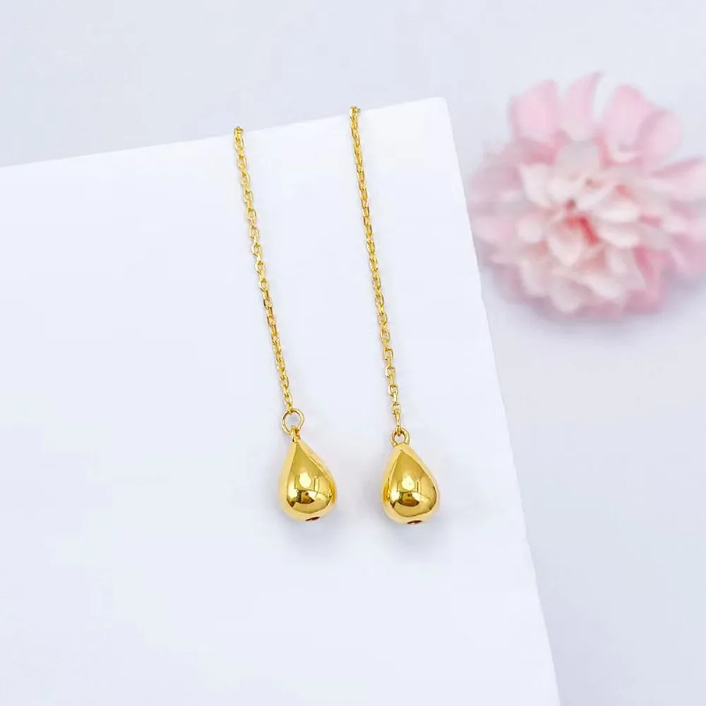 Real Pure 999 24k Yellow Gold Women Lucky Glossy Water Drop Dangle Chain Earrings 2.3-2.41g