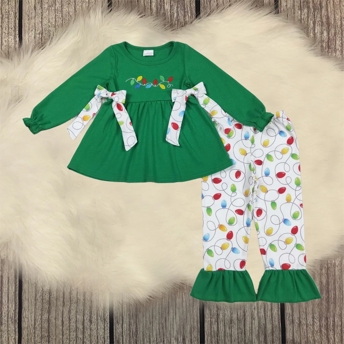 

Toddler Christmas Set Baby Girl Embroidery Lights Bows Long Sleeves Green Tunic Outfit Pants Children Kids Clothes Wholesale