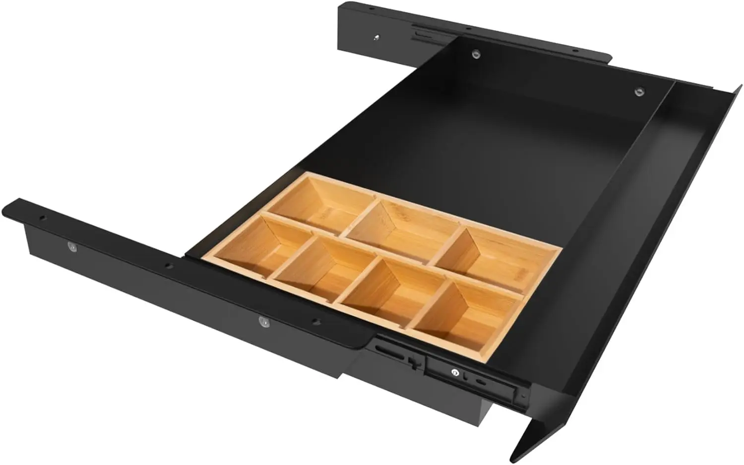 A sliding drawer is installed under a large desk with a bamboo tray and a 60-degree inclined panel, which can be pulled out.