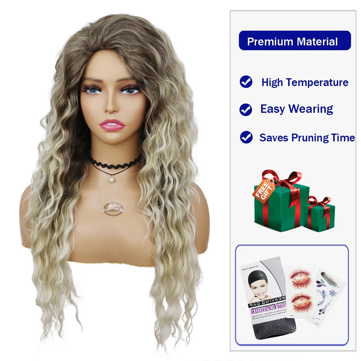 GNIMEGIL Synthetic Ash Blonde Long Wig Curly Hair 80s Wig for Woman Natural Fluffy Hair for Women Regular Big Wave Volume Wigs