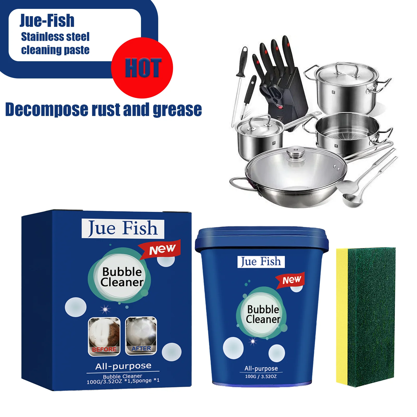 Pasta de limpieza de acero inoxidable Jue-Fish: solución todo en uno para utensilios de cocina |   Elimina depósitos negros tenacos, óxido y grasa