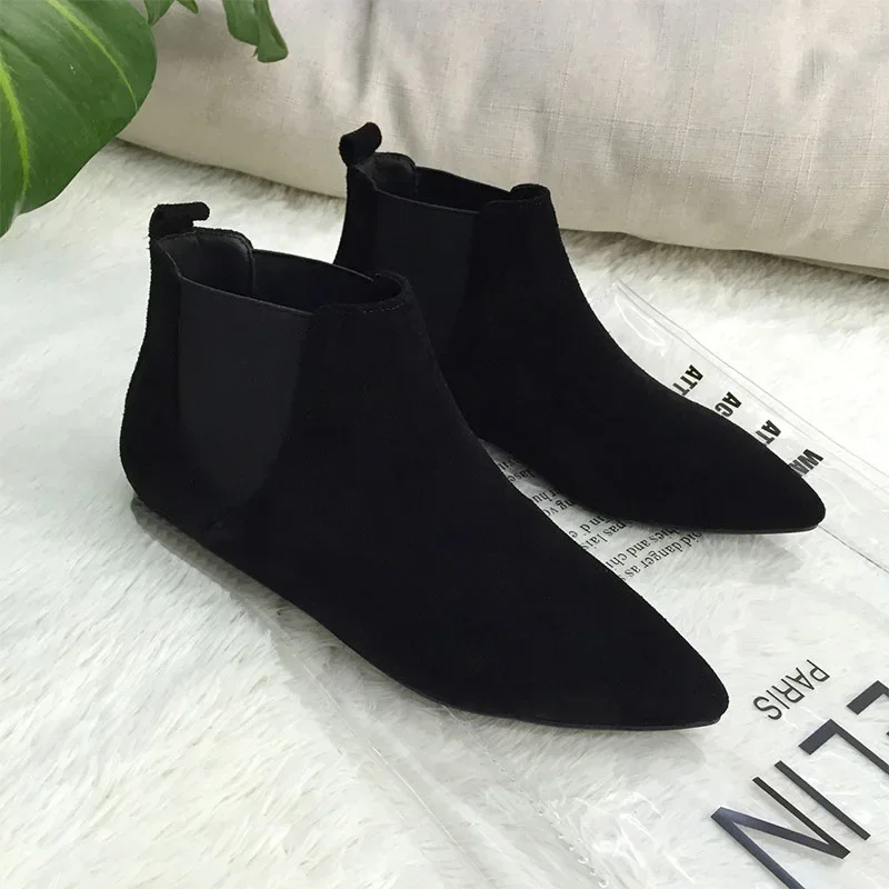 

Elastic Chelsea Boots Suede Leather Ankle Boots Women Autumn Winter Slip-On Flat Boots Fashion Pointy Short Flock Booties femme