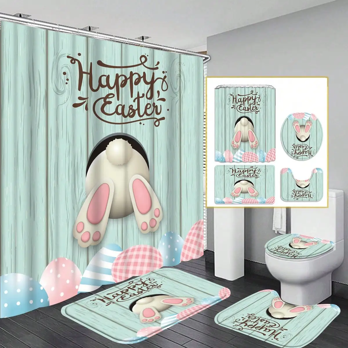 

4pcs Fan Rabbit Curtain Shower Curtain Decoration, Beautiful Housewarming Gift Modern Home Decor, Waterproof Shower Curtain And