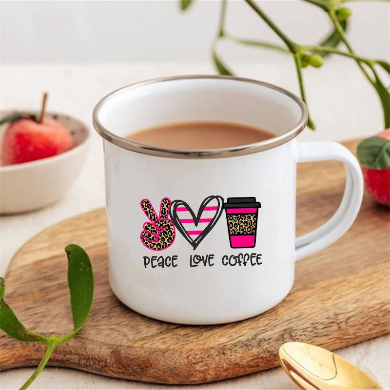 Peace Love Coffee Print Enamel Mugs Creative Vintage Coffee Cups Drinks Dessert Water Milk Cup Camping Mug Handle Drinkware Gift