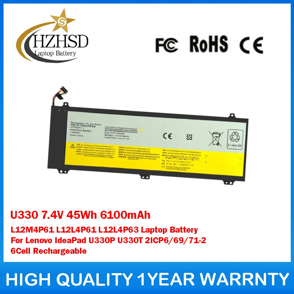 

U330 7.4V 45Wh 6100mAh L12M4P61 L12L4P61 L12L4P63 Laptop Battery For Lenovo IdeaPad U330P U330T 2ICP6/69/71-2 6Cell Rechargeable