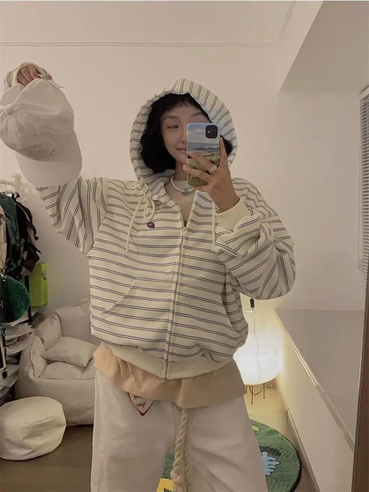 Deeptown Vintage Striped Sweatshirts Women Oversized Casual Korean Style White Zipper Hoodies Harajuku Fashion Hooded Sweatshirt