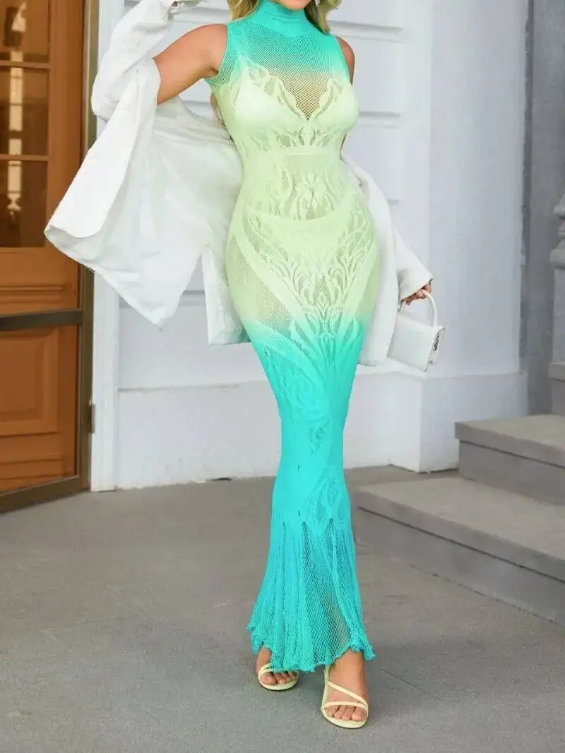 Sleeveless Mesh Dress Lace Pattern Sheer High Neck Bodycon Gown With Fringed Hem Chic Summer Party For Women Vacation Dress ID6N