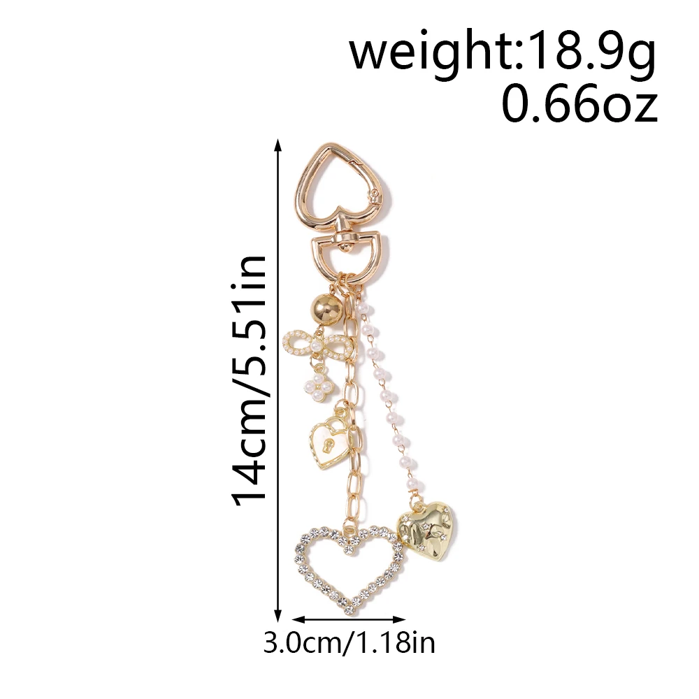 Aihua Goldfarbener Exquisiter Perlen-Kristall-Herz-Schlüsselanhänger, Niedliche Schlüsselanhänger für Frauen und Mädchen, Handtaschenanhänger, Schlüsselketten, DIY-Schmuck – Detail 1