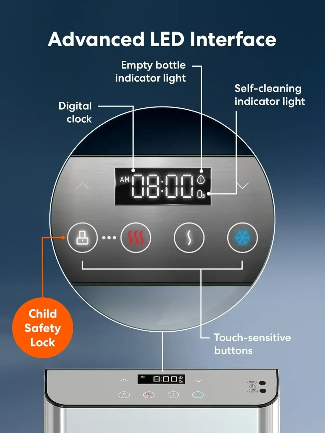 Dispensador enfriador de agua Moderna de carga inferior: tres temperaturas, temperatura ajustable, autolimpieza, dispensación táctil, seguridad para niños