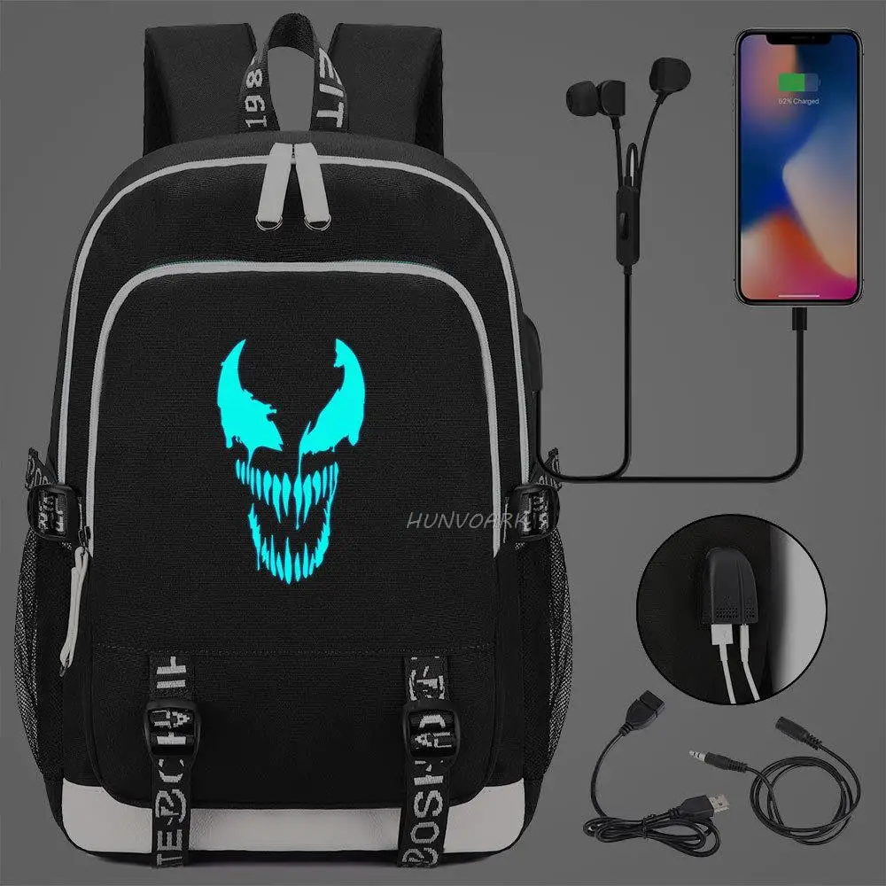 Mochila con patrón luminoso Venom, bolso escolar para ordenador portátil con Usb a la moda para niñas, niños y adolescentes, Mochilas geniales informales