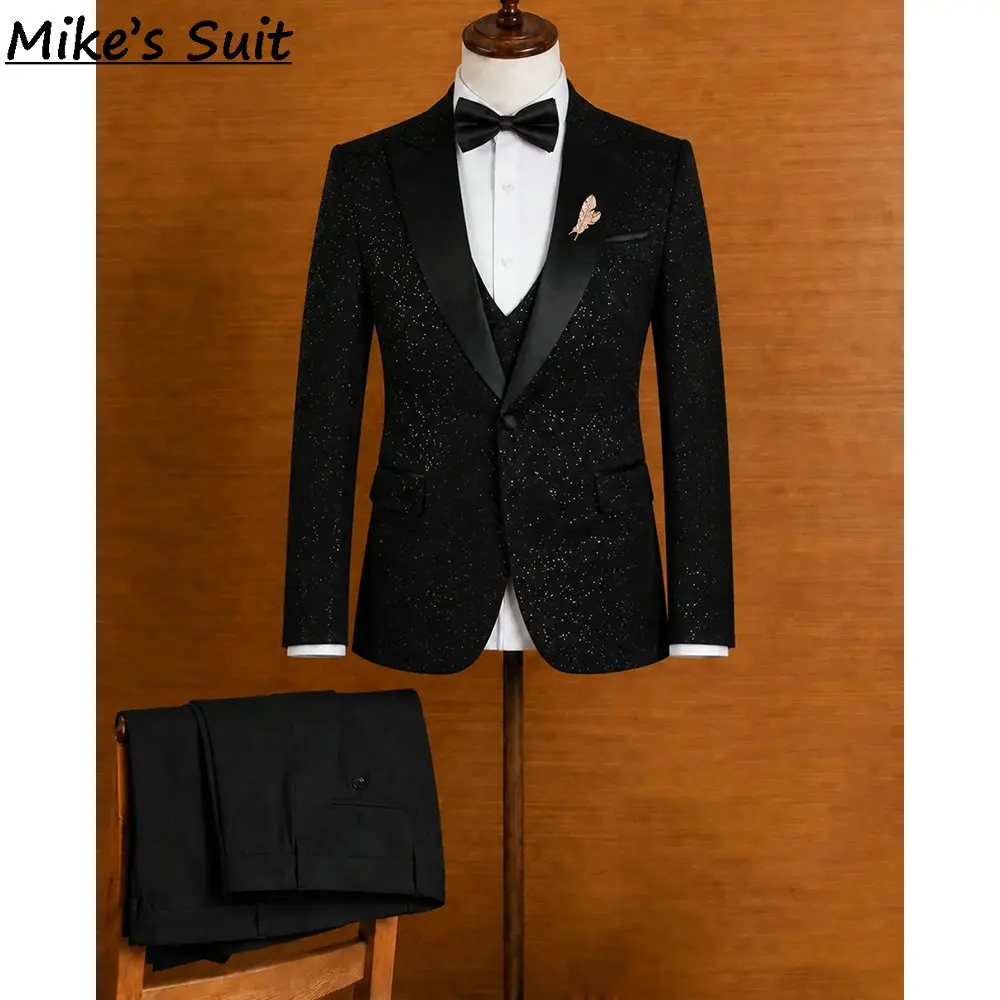 Men 2 Pieces Glitter Sparkle Tuxedo Shawl Lapel Blazer Pants Wine Red Black Wedding Groom Prom Banquet Party Custom Suit Set