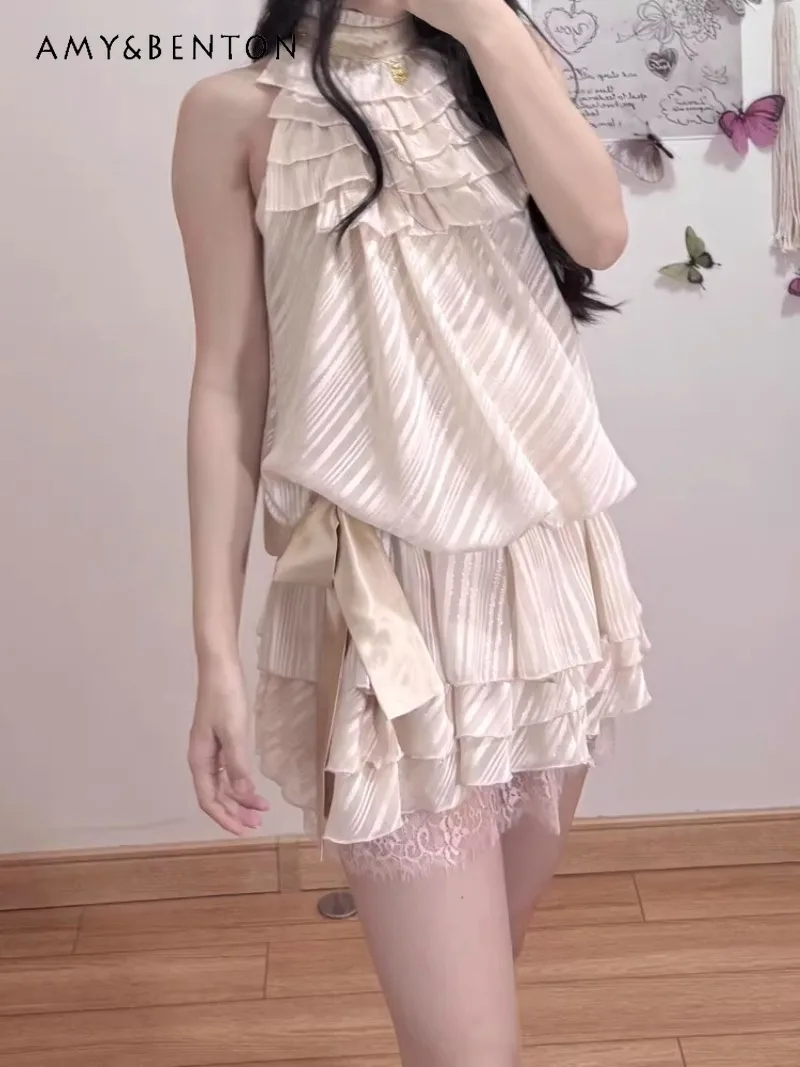 

Early Summer Purple Short Bow Neck Lace Top with Cake Skirt Two-piece Set For Women