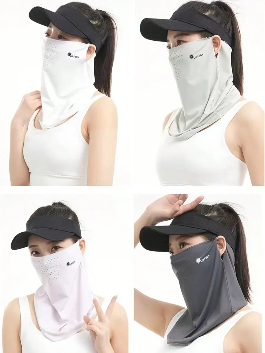 

Solid Color Sun Protection Face Cover With Visor Breathable Ice Silk Full Face Shield Cooling Neck Gaiter For Outdoor Cycling