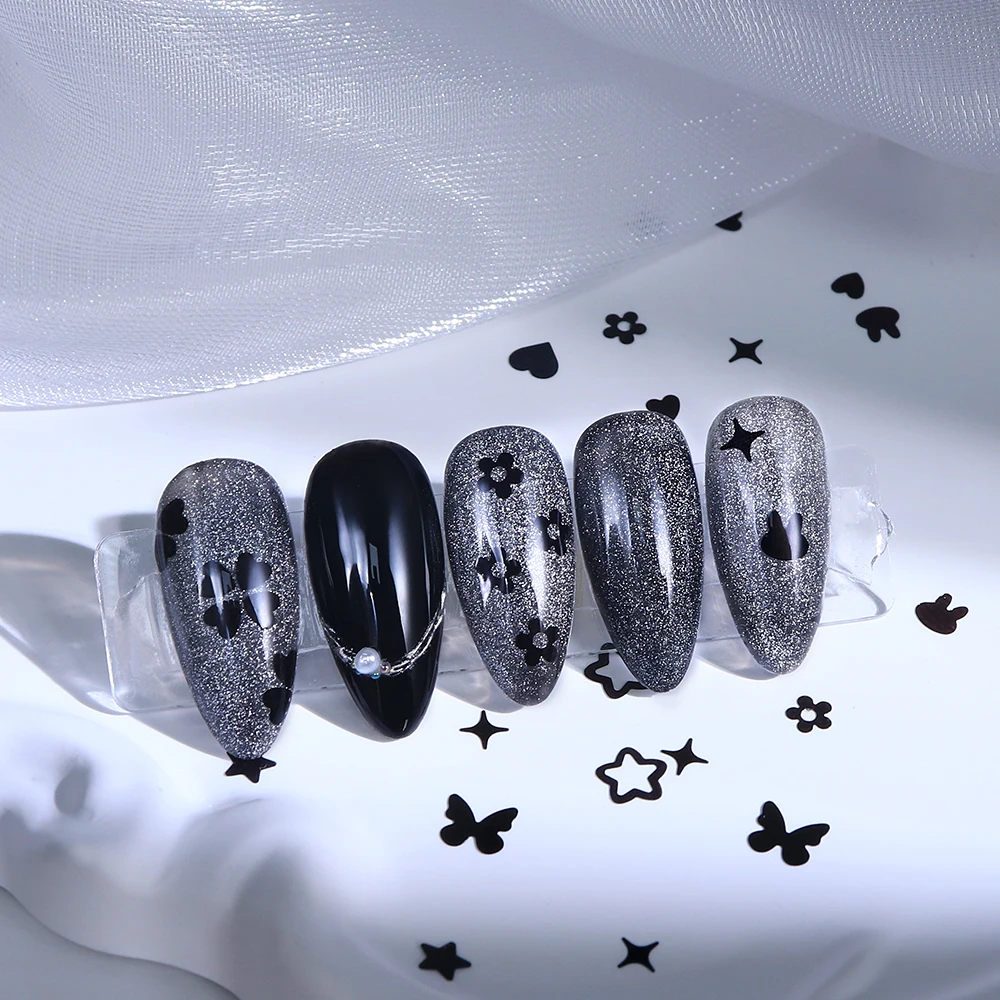 Halloween Pailletten Nail Art Decoratie Zwarte Bloem Vlinder Liefde Hart Vlokken DIY Manicure Accessoires Gotische Nagel Charmes Ontwerp