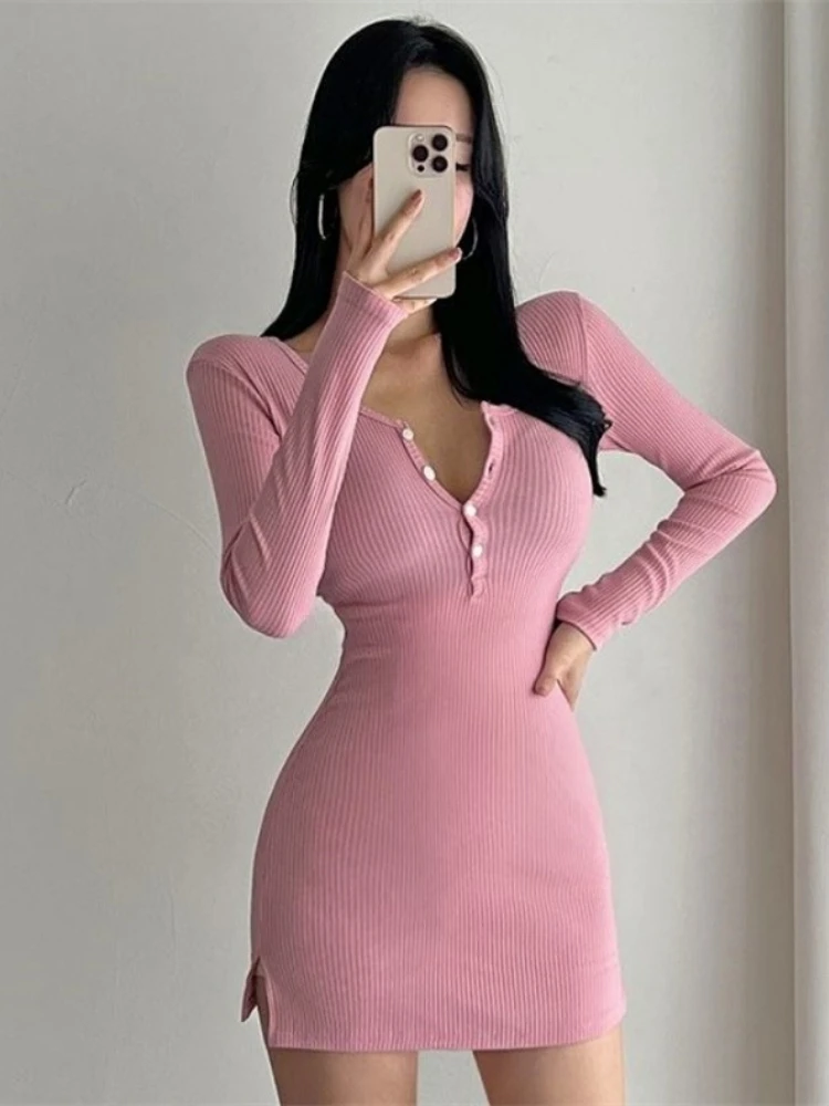Korean Version Autumn Winter New Bodycon Frock Half Open Neck Button Long Sleeve Cinching Waist Wrap Hip Slim Sexy Knit Dress