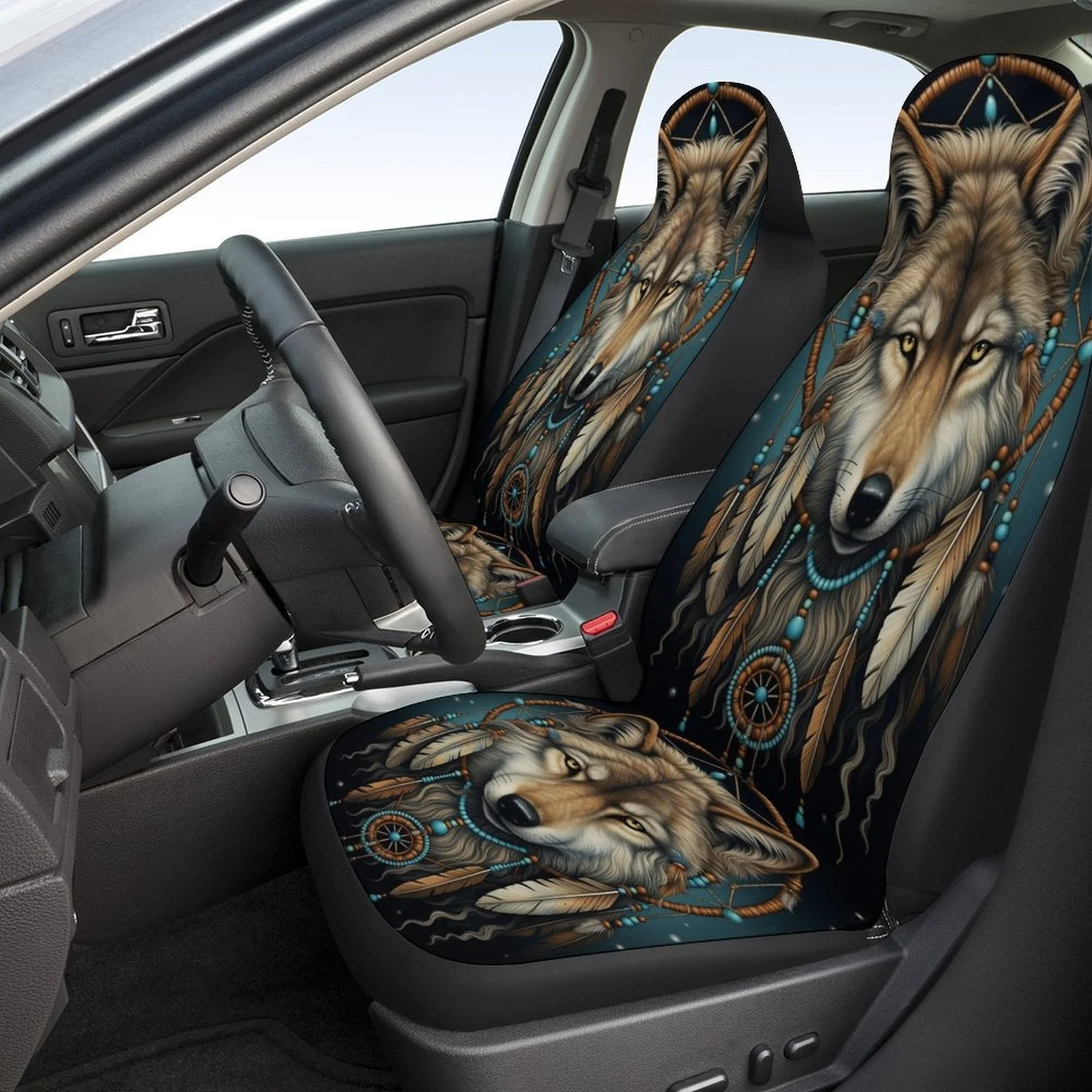 Wolf Dream Catcher Themed Car Seat Cover Set For Most Cars, Fashion Novelty Car Seat Protector Covers Full Set, Car Seat Cover