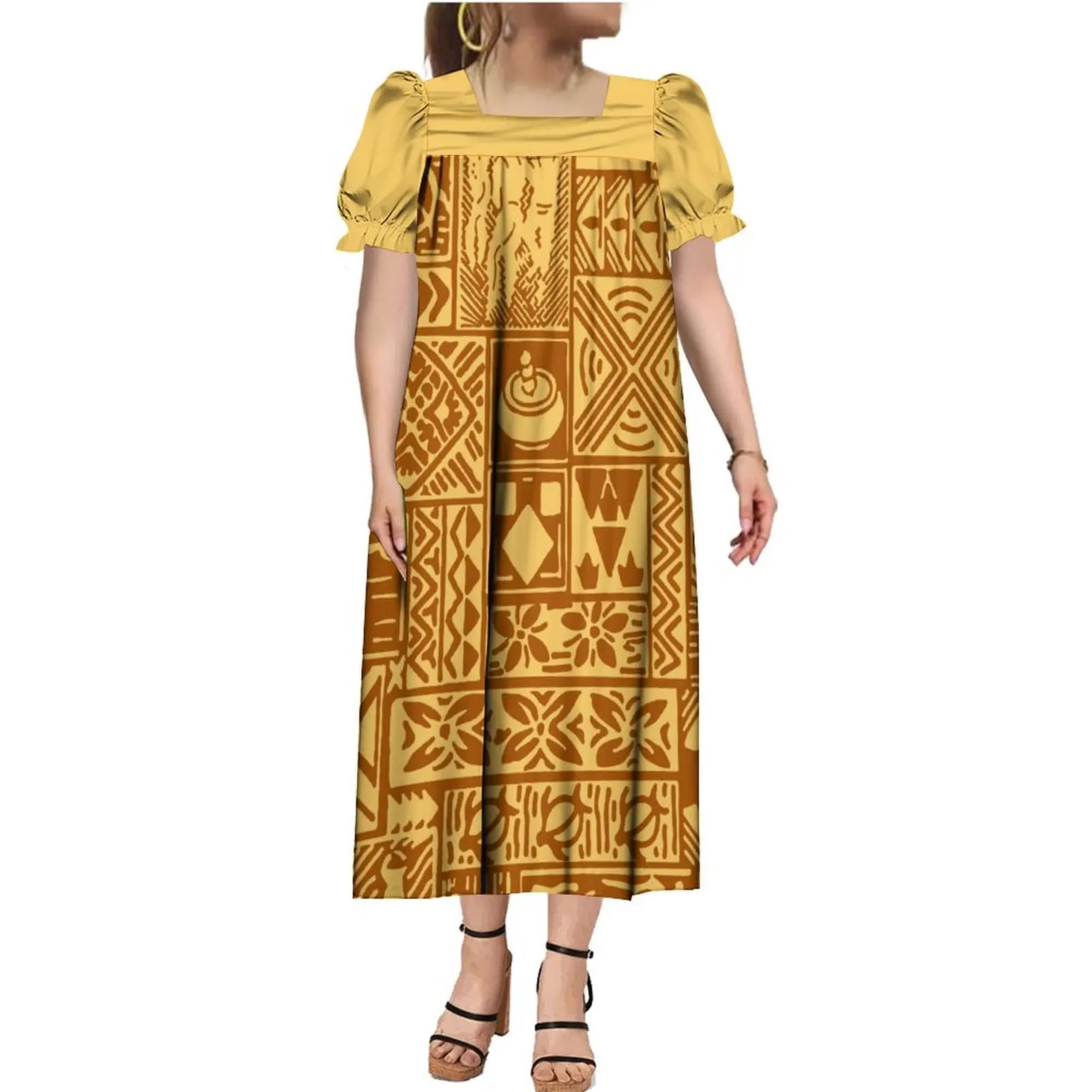 Tribal Peoples Polynesian Ladies Banquet Dress Summer Short Sleeve Dress Samoa Fiji Islands Print Pattern Ladies Mumu Long Dress